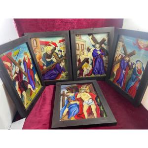 Complete Way Of The Cross Paintings Under Glass 