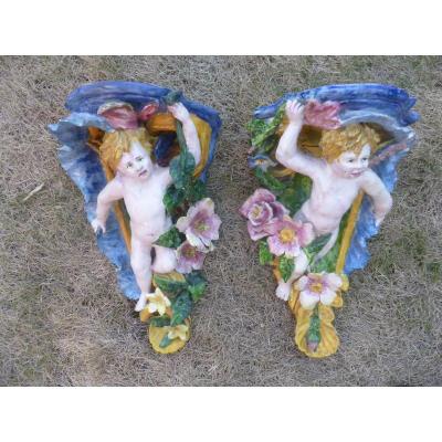 Consoles In Barbotine Pair Of Cherubs