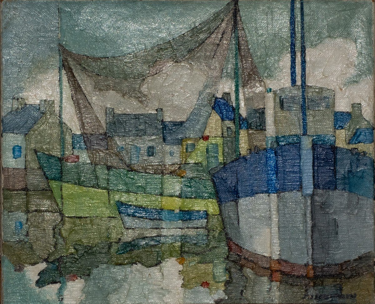 Jean Jacquelin (1905-1989) - Marine : Voilier Au Port "le Filet Dans Les Nuages"