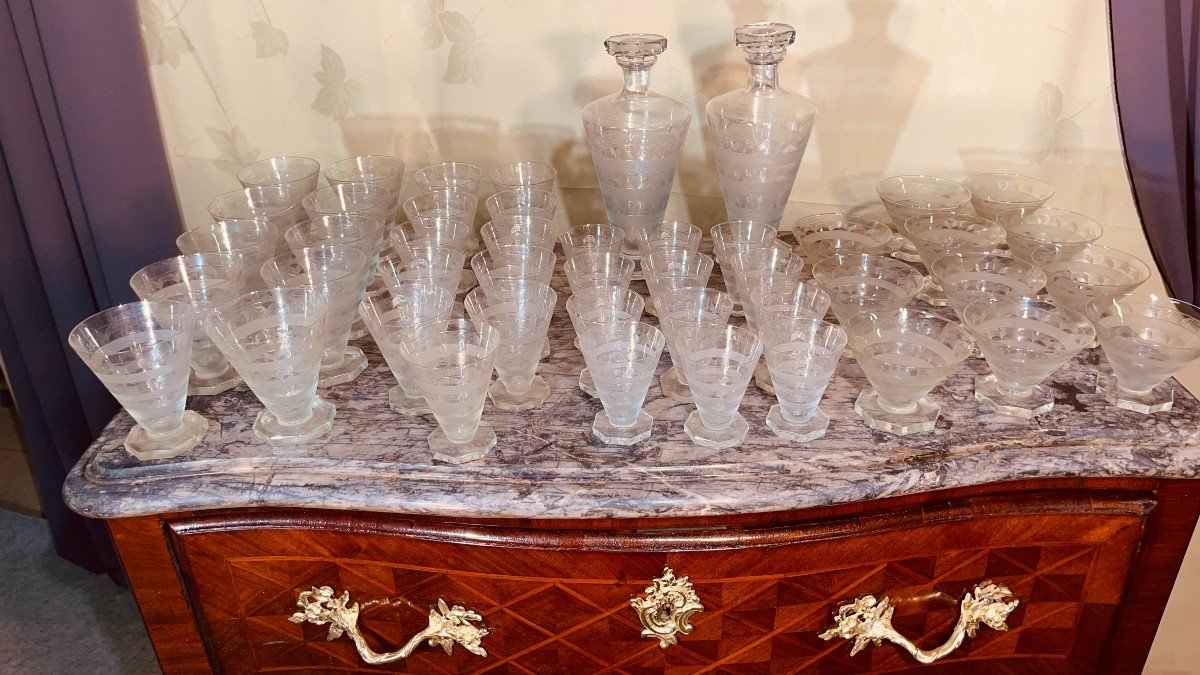  Service de Verres Modèle Quincy de René LALIQUE 45 Pièces 43 verres + 2 Carafes -photo-6