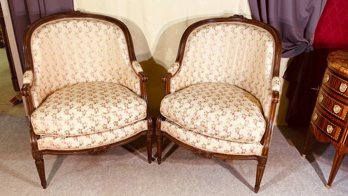 Pair Of Large Louis XVI Bergeres With Cushions, Nineteenth Time-photo-7