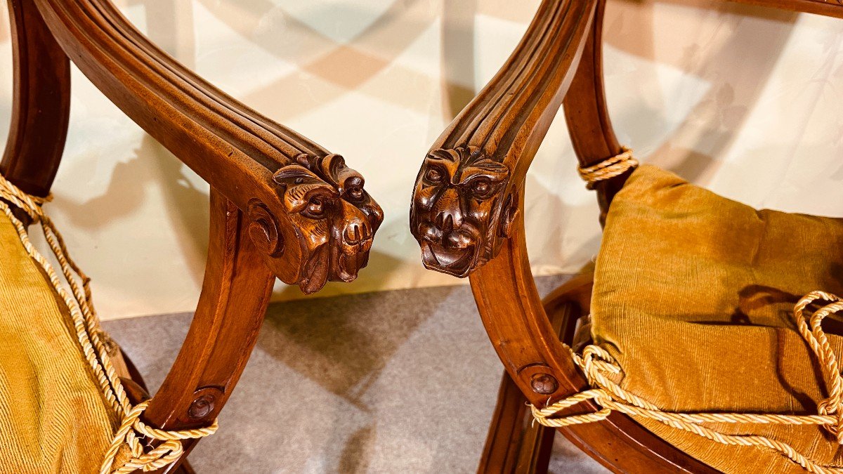 Pair Of Curules Armchairs, In Walnut, 19th Century Period-photo-3