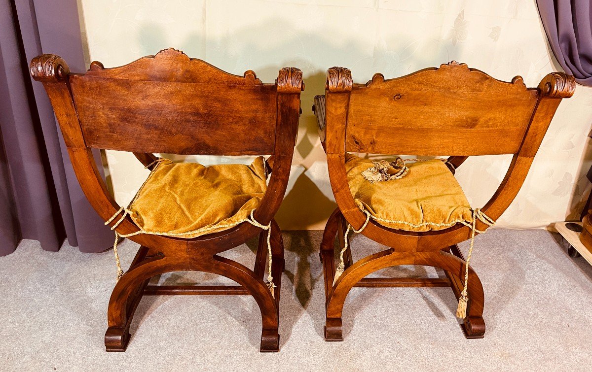 Pair Of Curules Armchairs, In Walnut, 19th Century Period-photo-4