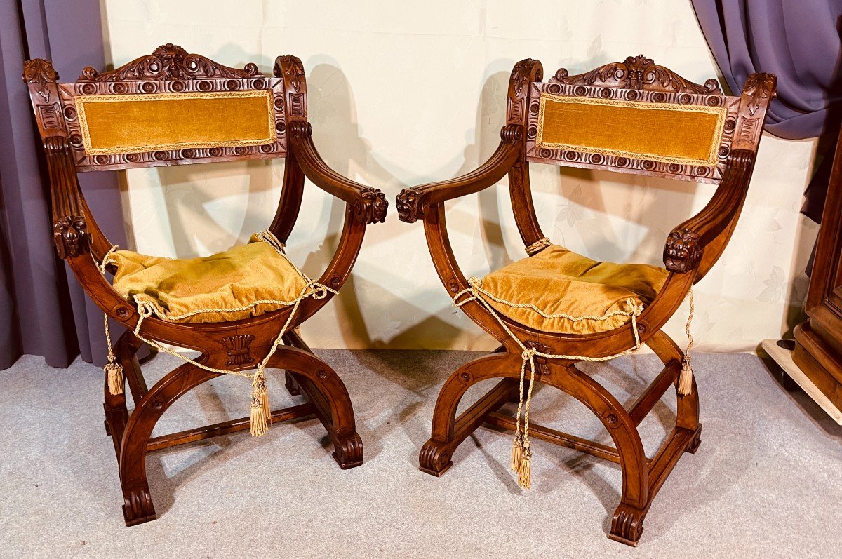 Pair Of Curules Armchairs, In Walnut, 19th Century Period