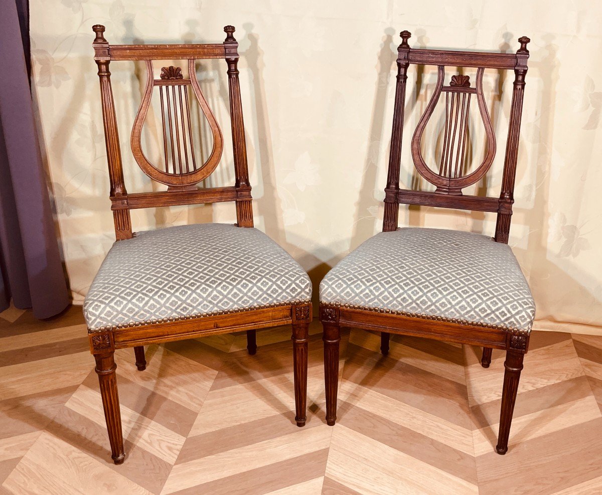 Pair Of Louis XVI Chairs With Lyre Backrest, 20th Century-photo-4