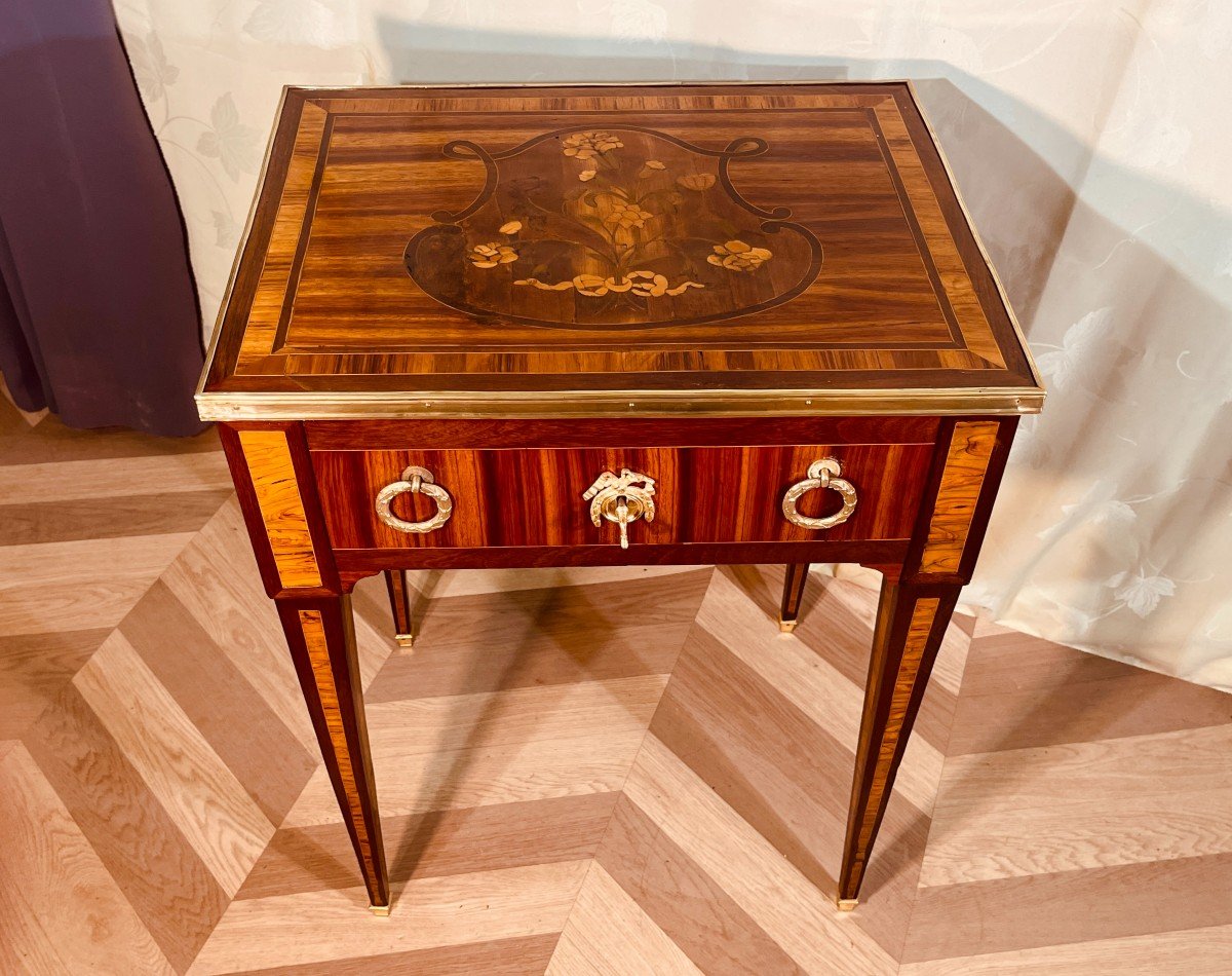 Louis XVI Salon Table In Marquetry, 18th Century-photo-2