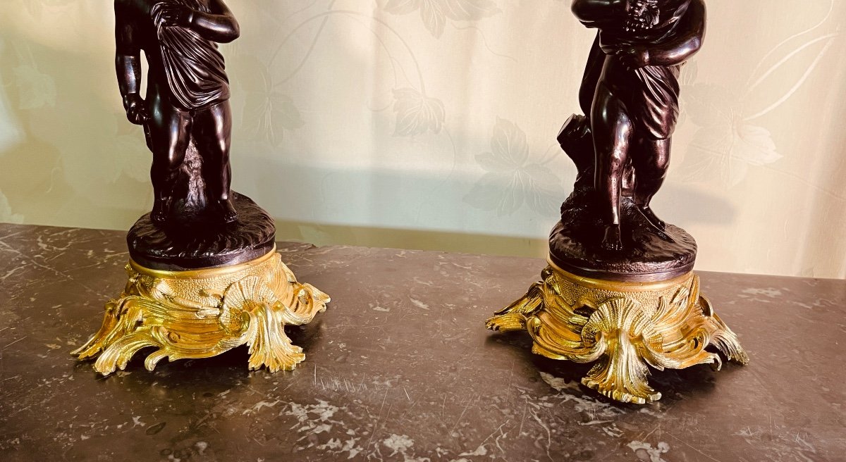 Pair Of Double Patina Bronze Candelabra, 19th Century -photo-2