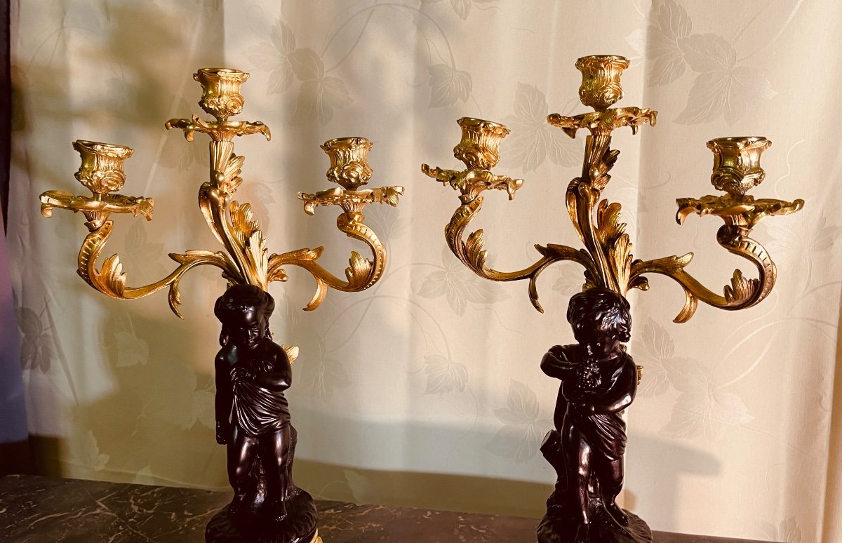 Pair Of Double Patina Bronze Candelabra, 19th Century -photo-3