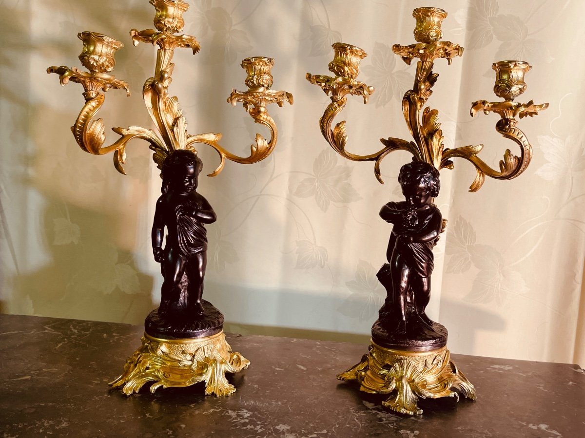 Pair Of Double Patina Bronze Candelabra, 19th Century -photo-5