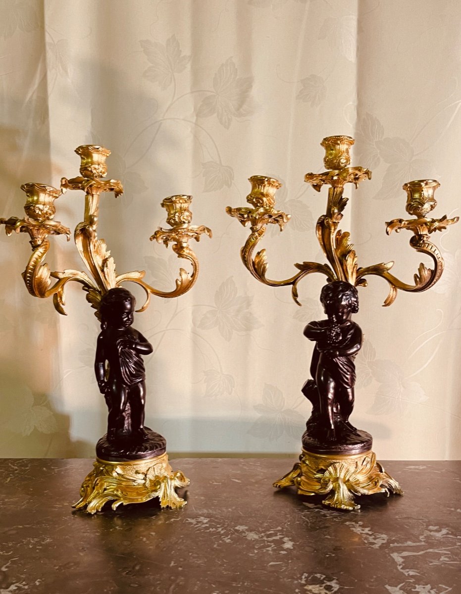 Pair Of Double Patina Bronze Candelabra, 19th Century 