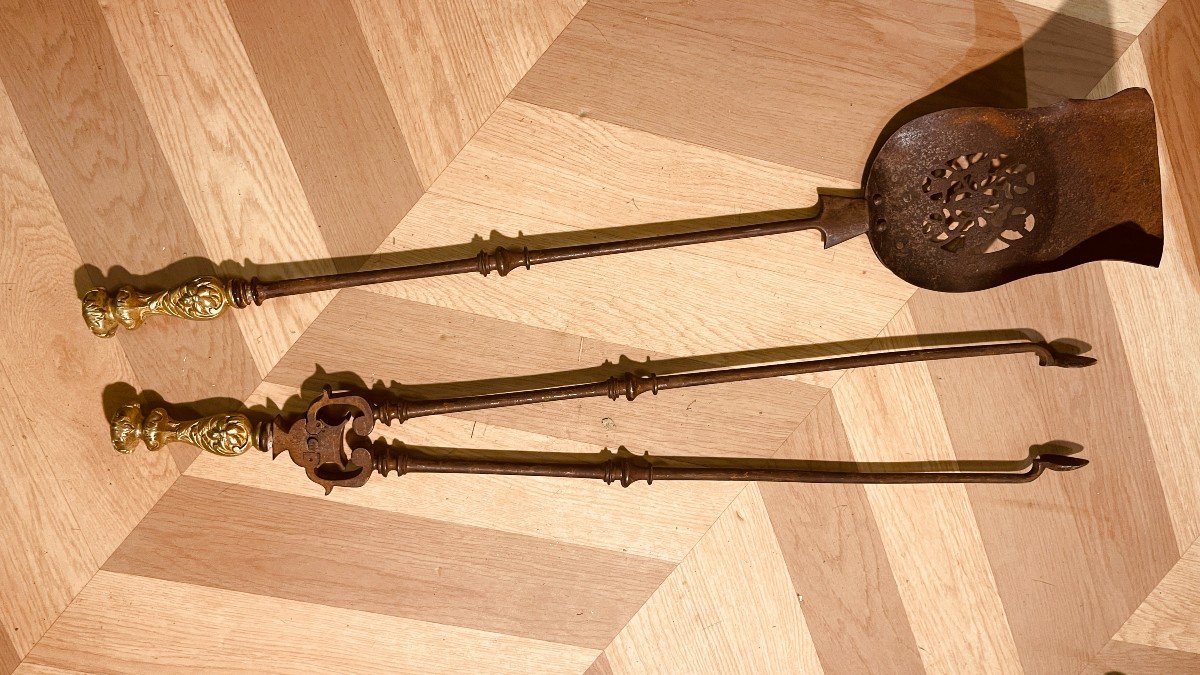 Wrought Iron And Bronze Shovel And Tongs, 19th Century 