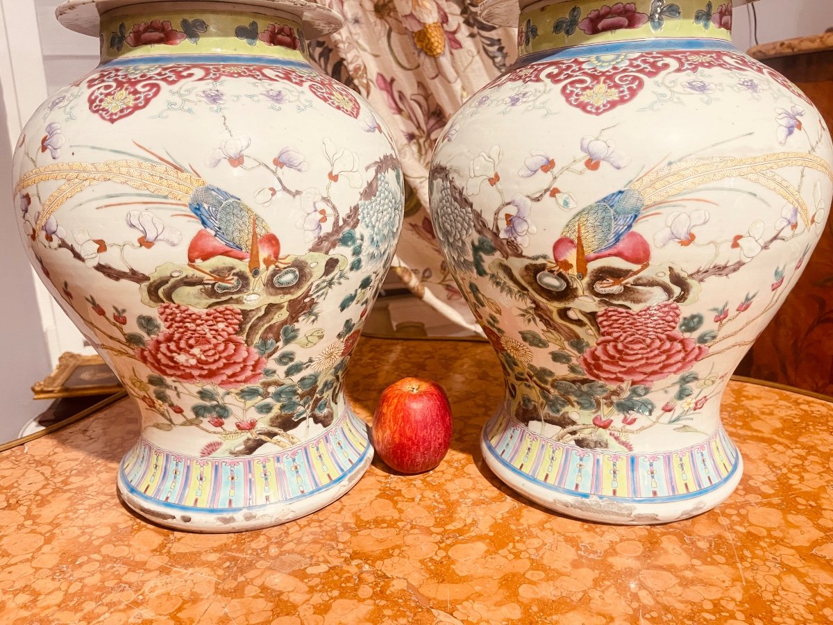 Paire De Vases Porcelaine Famille Rose. Chine , XIXe Siècle -photo-4