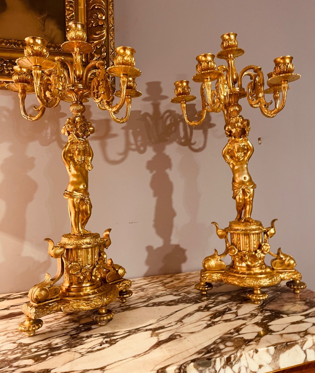 Pair Of Bronze Candelabra With Putti, 19th Century-photo-1