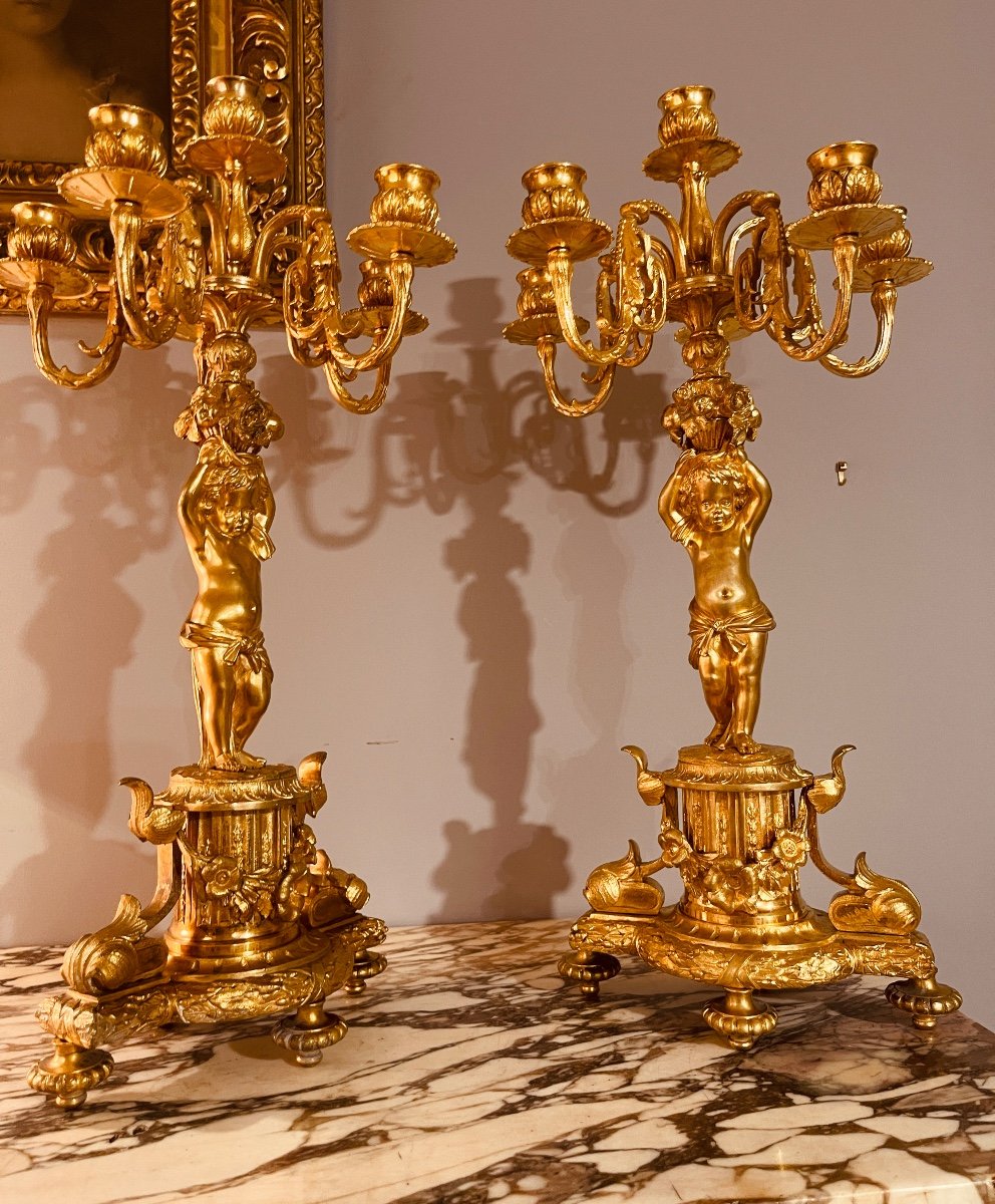 Pair Of Bronze Candelabra With Putti, 19th Century