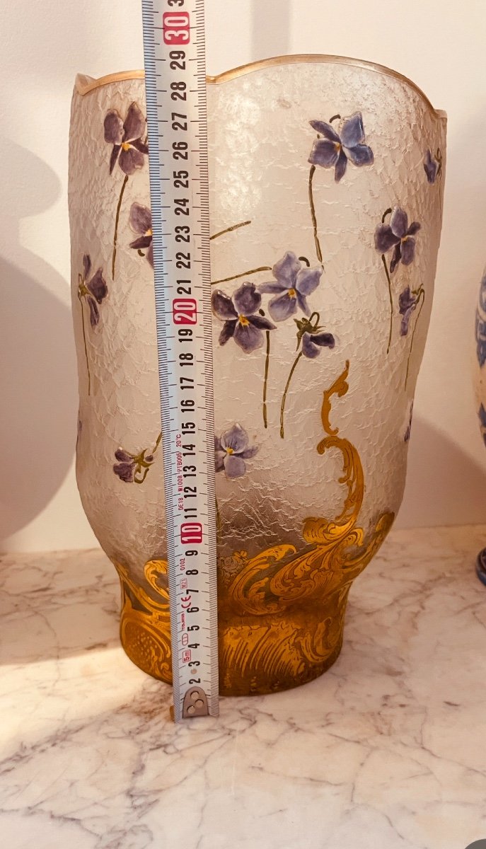 Vase With Violets, Signed Daum Nancy, 29 Cm -photo-2