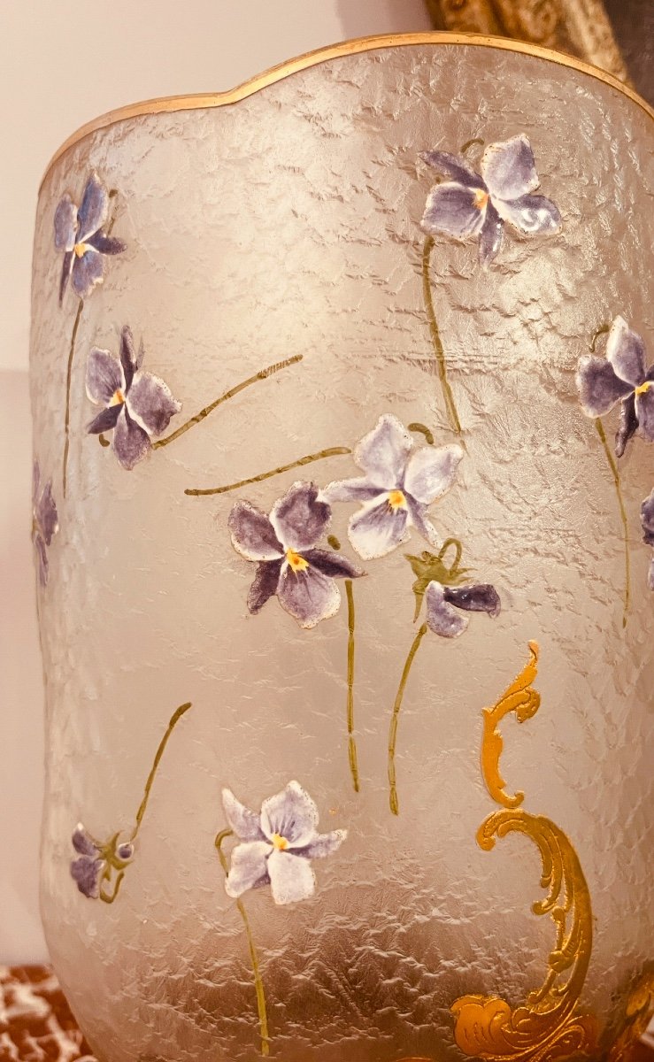 Vase With Violets, Signed Daum Nancy, 29 Cm -photo-3