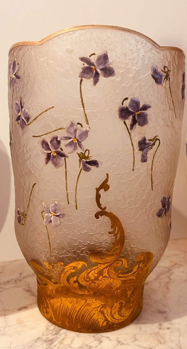 Vase With Violets, Signed Daum Nancy, 29 Cm -photo-1