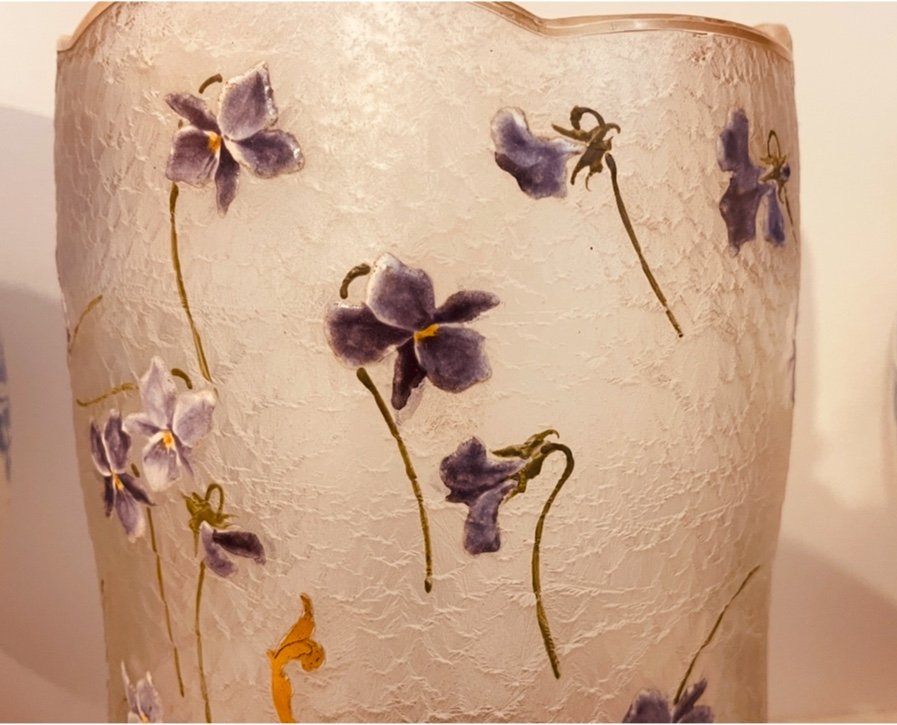 Vase With Violets, Signed Daum Nancy, 29 Cm -photo-2