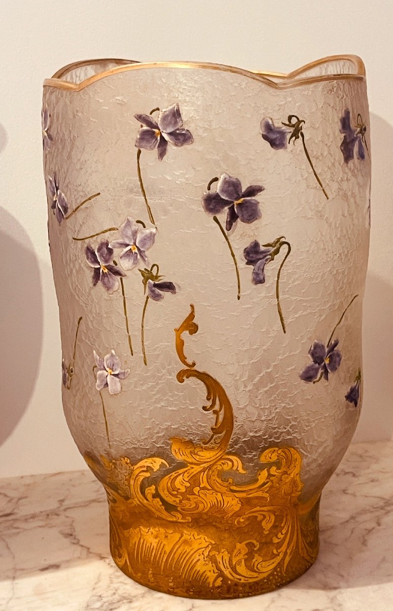 Vase With Violets, Signed Daum Nancy, 29 Cm -photo-4