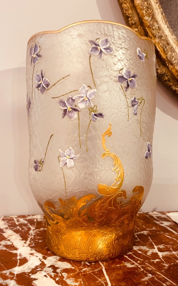 Vase With Violets, Signed Daum Nancy, 29 Cm -photo-6