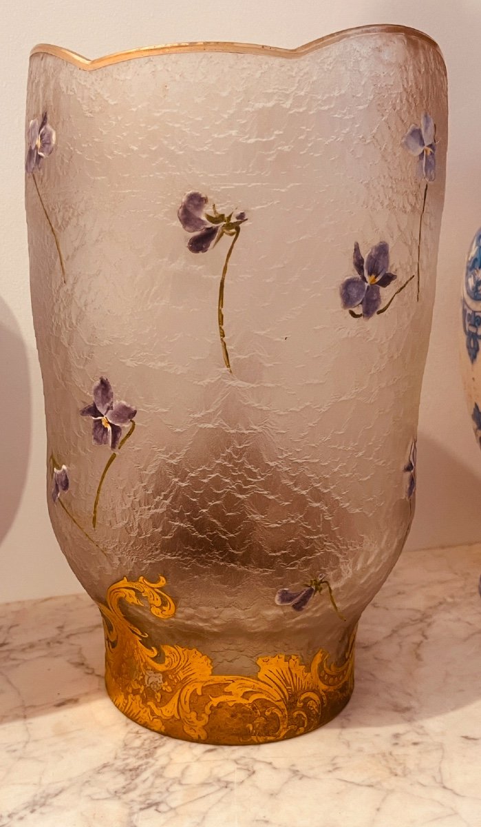 Vase With Violets, Signed Daum Nancy, 29 Cm -photo-7