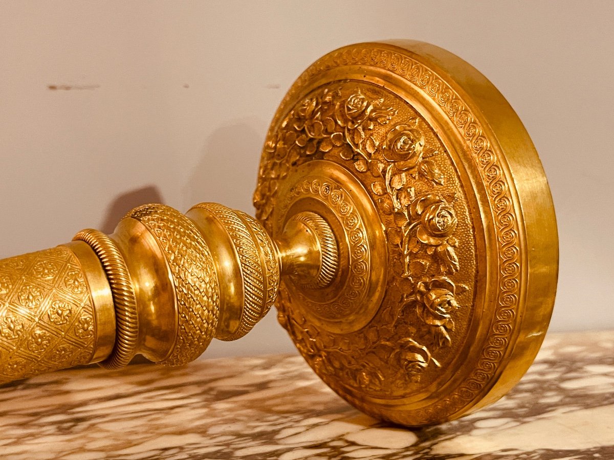 Pair Of Candlesticks In Chiseled And Gilded Bronze, 19th Century -photo-1