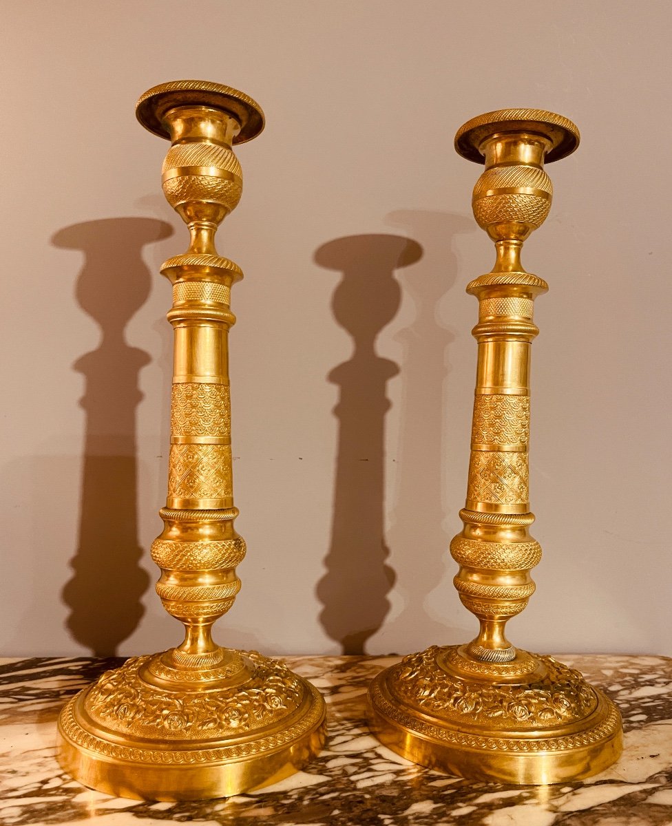 Pair Of Candlesticks In Chiseled And Gilded Bronze, 19th Century -photo-8