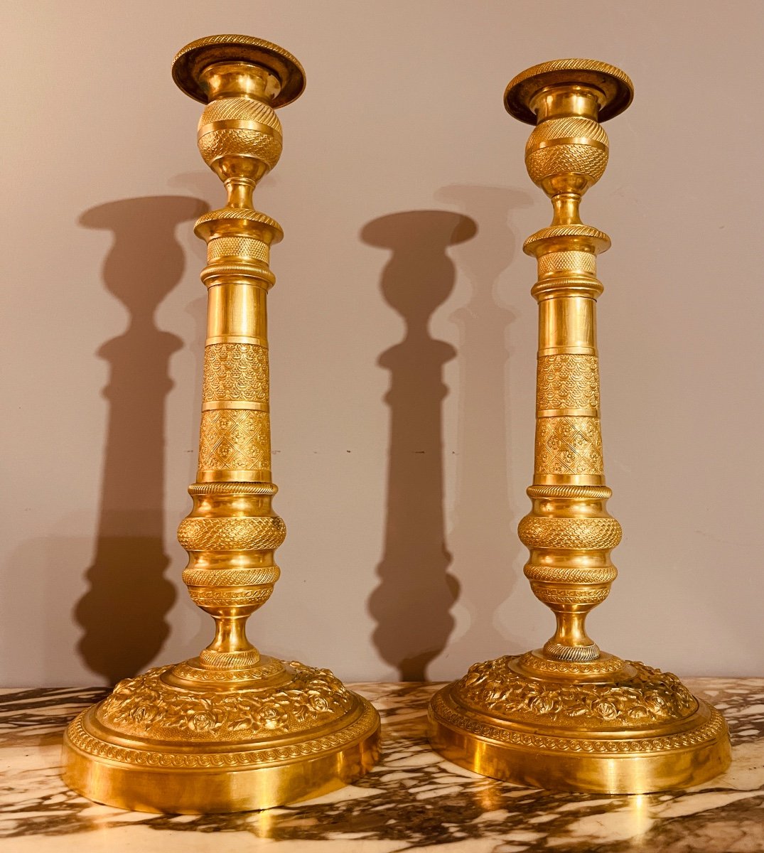 Pair Of Candlesticks In Chiseled And Gilded Bronze, 19th Century 