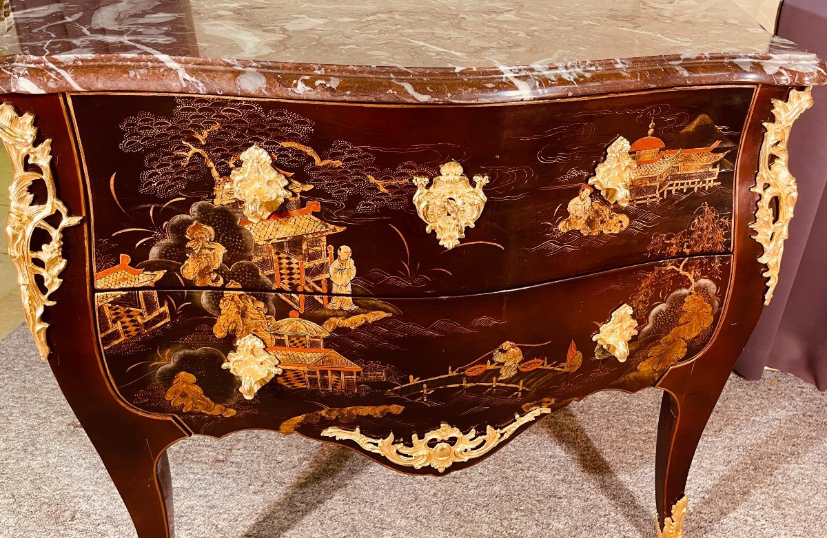 Louis XV Chest Of Drawers In Chinese Lacquer, 20th Century-photo-2