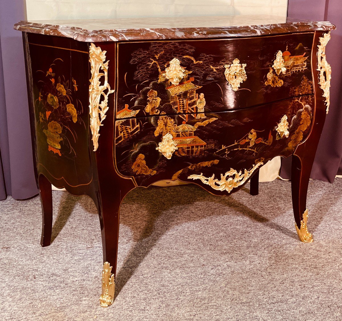 Louis XV Chest Of Drawers In Chinese Lacquer, 20th Century-photo-8