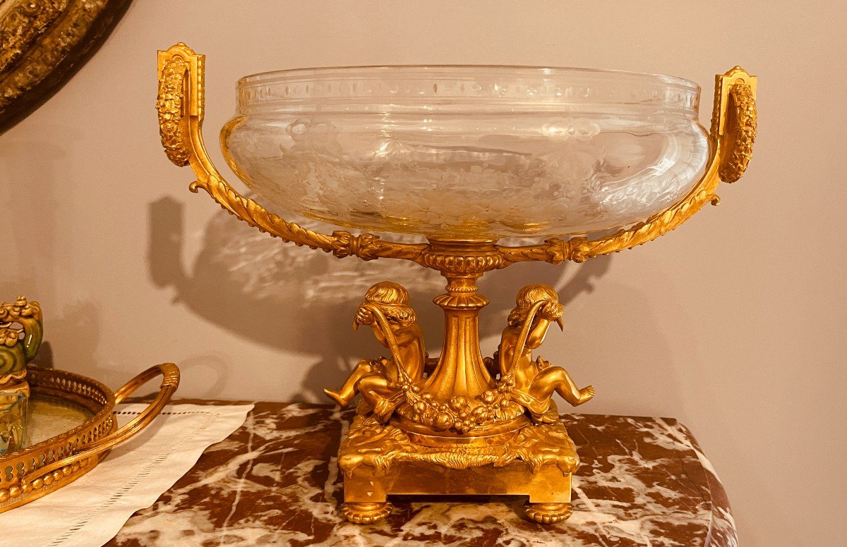  Centre De Table  Louis XVI  en Bronze et Cristal Taillé , XIXe Siècle -photo-3