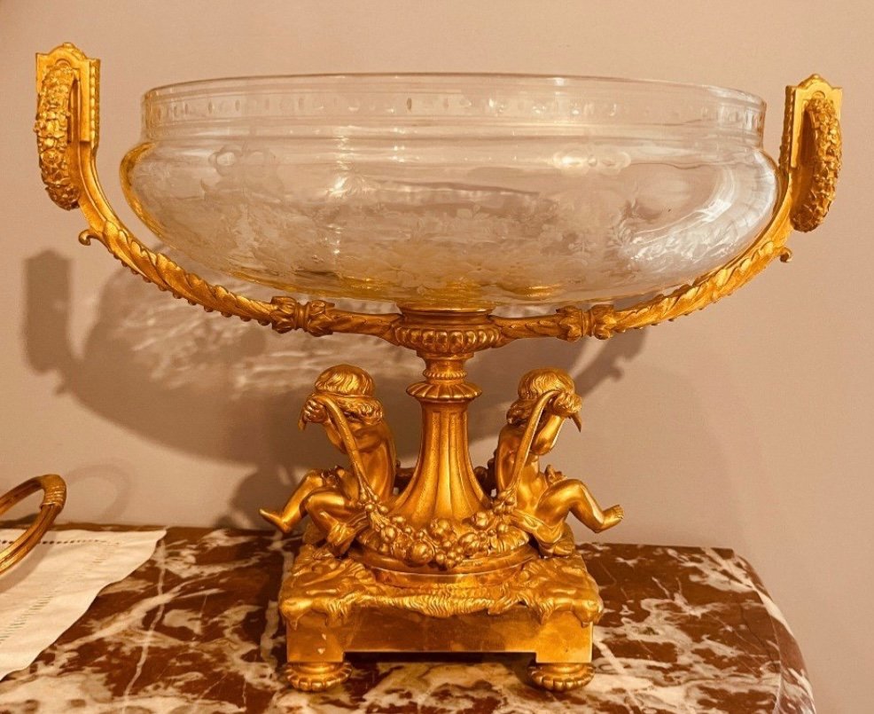  Centre De Table  Louis XVI  en Bronze et Cristal Taillé , XIXe Siècle 