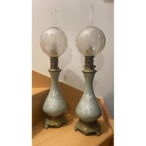 Pair Of Celadon Porcelain Lamps, 19th Century 