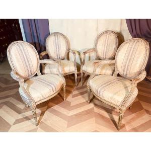 4 Louis 16 Armchairs, Stamped Nl Mariette, 18th Century 