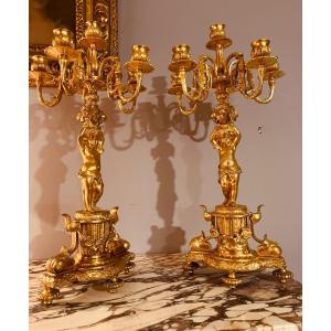 Pair Of Bronze Candelabra With Putti, 19th Century