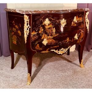 Commode Louis XV En Laque De Chine , XIXeme 