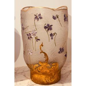 Vase With Violets, Signed Daum Nancy, 29 Cm 