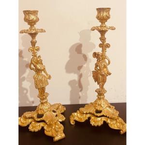 Pair Of Bronze Candlesticks, 19th Century 