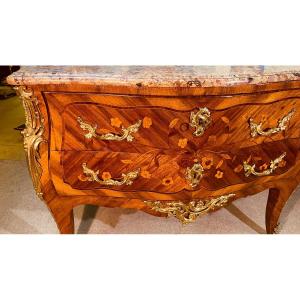 Louis XV Chest Of Drawers With Flowers, 18th Century 