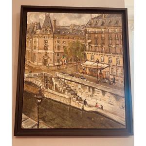 Painting View Of Paris, Quai De Seine, 20th Century 