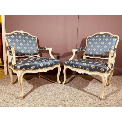 Pair Of Large Louis XV Armchairs, With Flat Backs