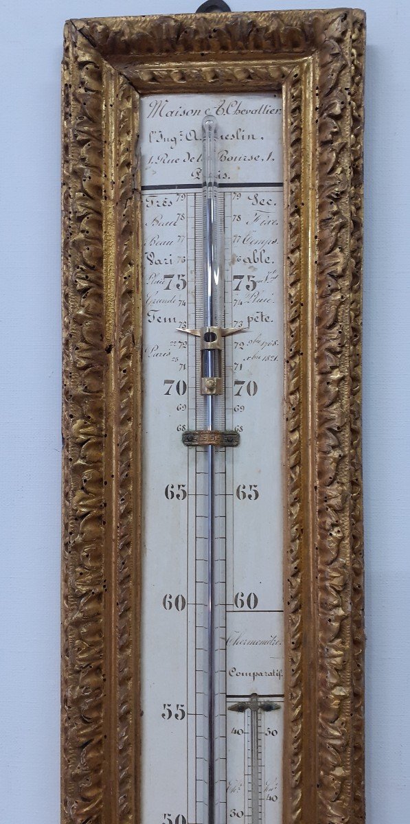 Barometer Thermometer In Gilded Wooden Rod From The Early 19th Century.-photo-2