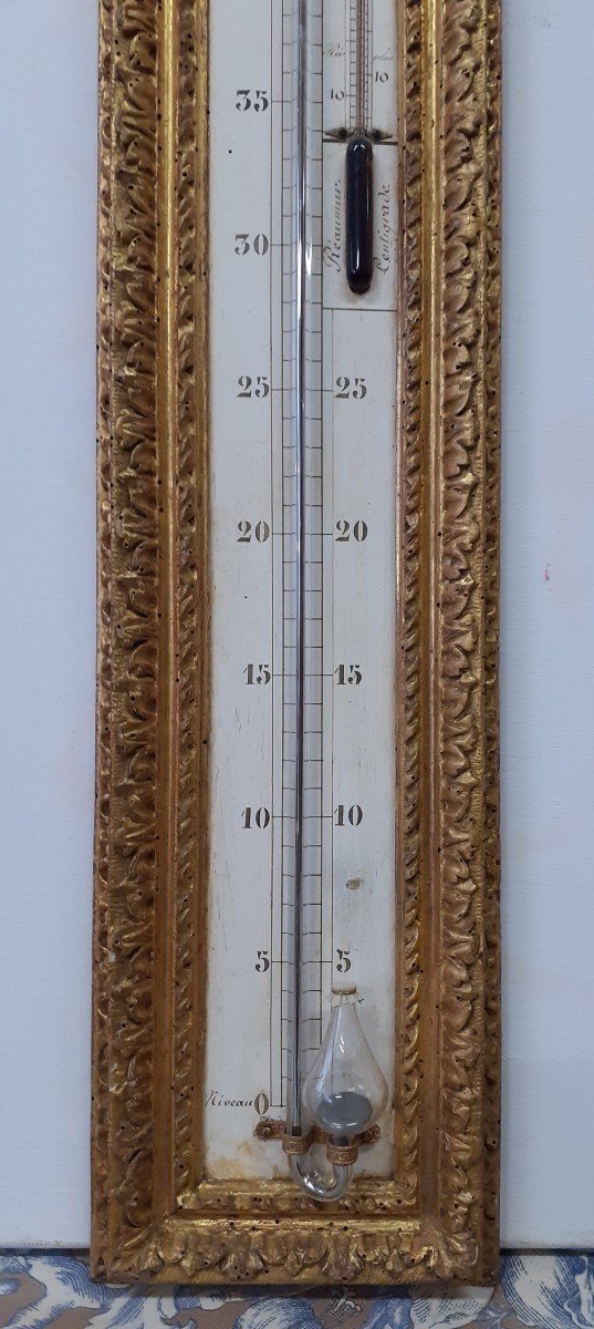 Barometer Thermometer In Gilded Wooden Rod From The Early 19th Century.-photo-4