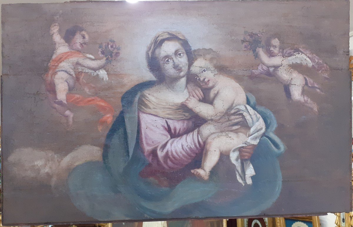 Virgin And Child Painted On 18th Century Wood.