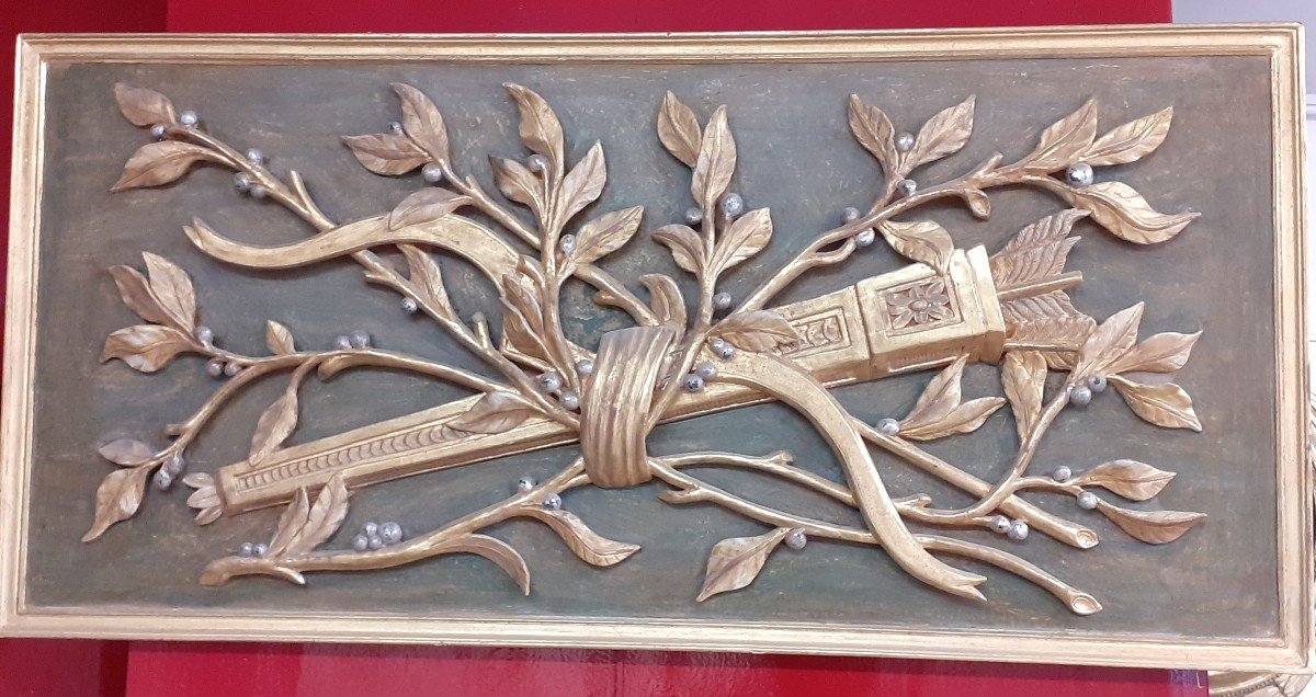 Gilded Carved Wooden Panel With Hunting Attributes And Foliage.