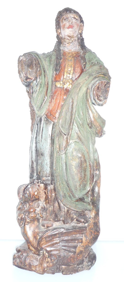 Polychrome Wood Statue Of Saint Martha Slaying The Dragon-photo-1