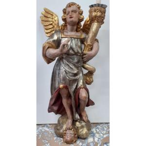 Ceroferial Angel In Carved Wood, Painted, Gilded And Silvered, Late 17th Century.