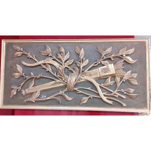 Gilded Carved Wooden Panel With Hunting Attributes And Foliage.