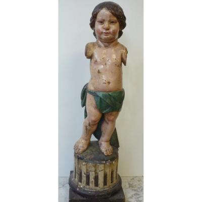 Child's Statue In Carved Polychrome Wood On A Fluted Column Base