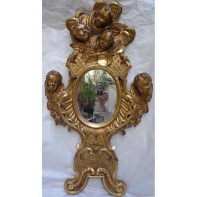 Golden Wood Mirror With Five Angel Heads